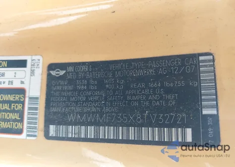 2008 Mini Cooper S z USA, uszkodzony, nr VIN WMWMF735X8TV32721